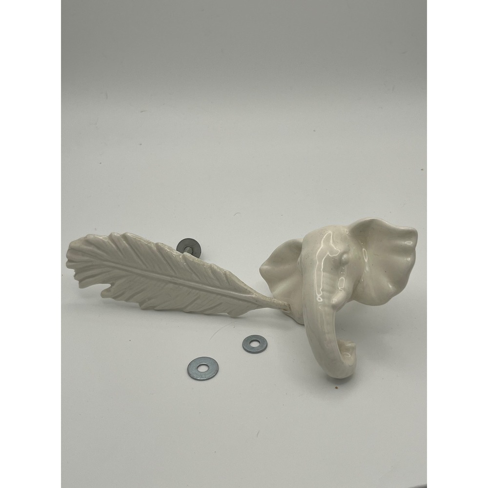 White Ceramic Elephant and Feather Drawer Pulls Set of 2 Cabinet Knobs Glossy